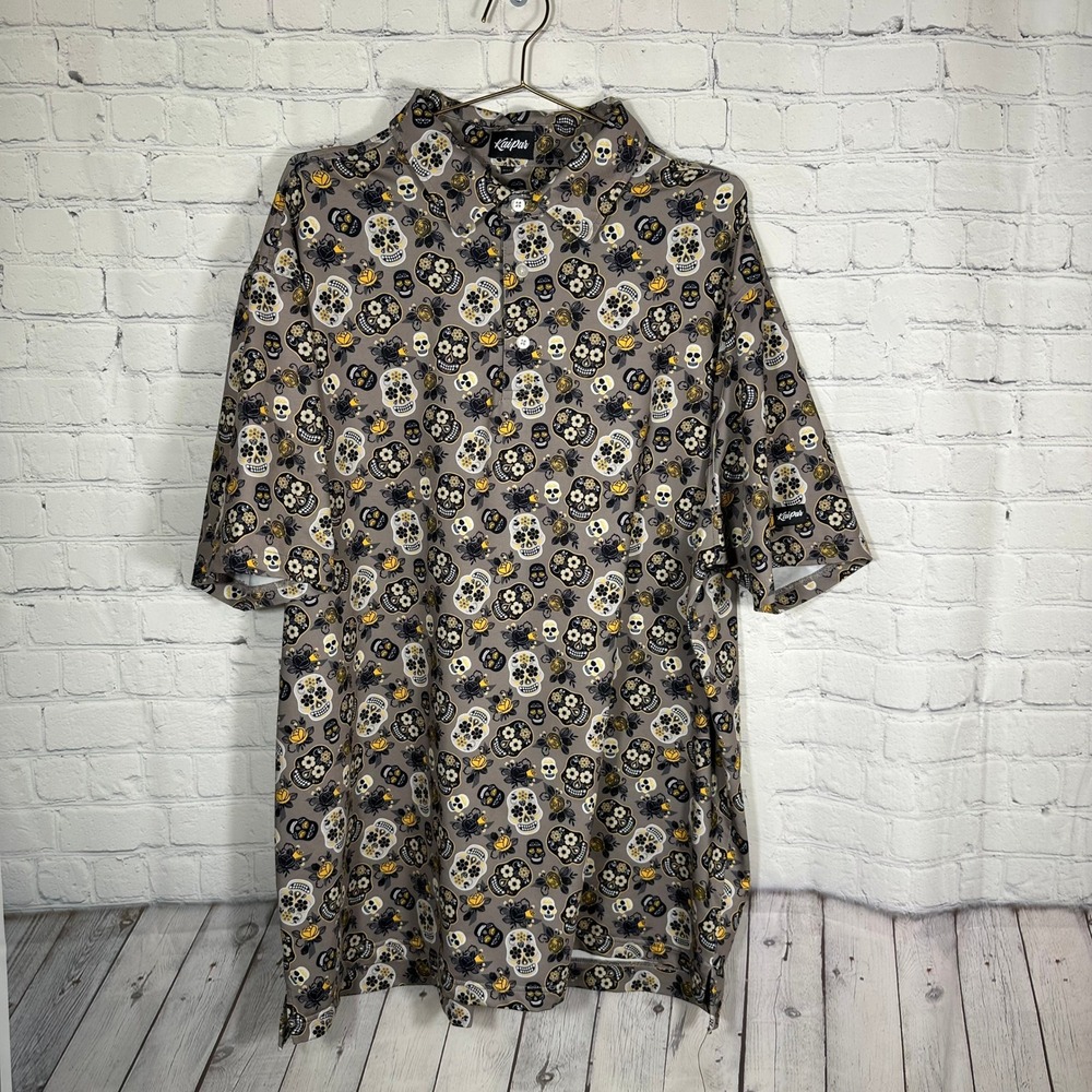 Kaipar Mens 3XL Sugar Skull Golf Polo Shirt Short Sleeve Yellow Rose Taupe Grey